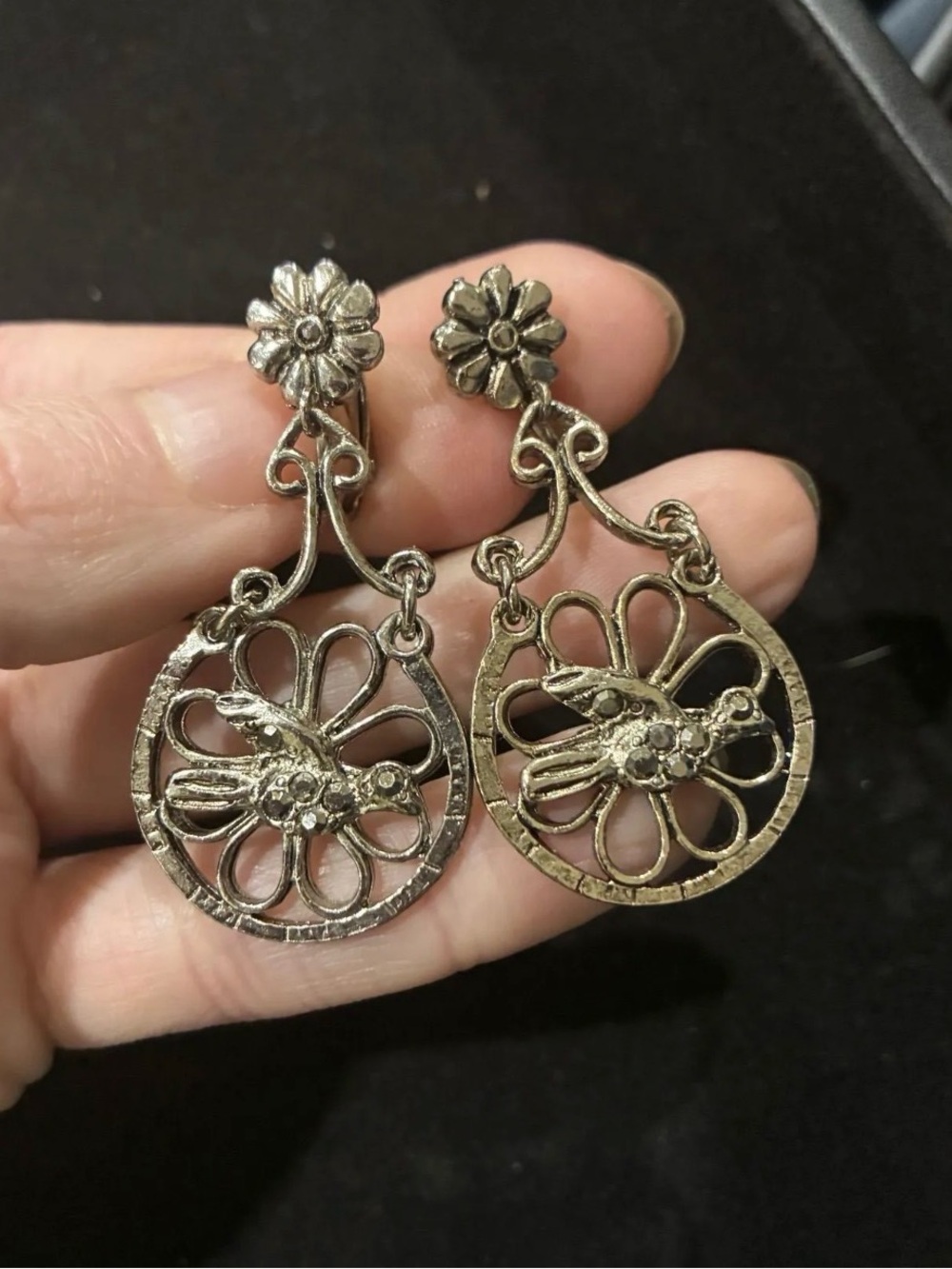 Vintage Silver Tone Filigree Bird Motif Marcasite Earrings